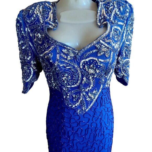 XL Vintage Dress Blue Sequined Evening Gown Maxi Intricate Beading 100% Silk 90s - Picture 2 of 7